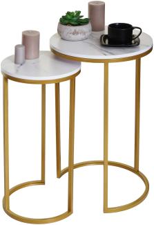 2er-Set Beistelltisch HWC-K46, Kaffeetisch Nachttisch Loungetisch, Marmor-Optik MVG-zertifiziert MDF ~ weiß-gold