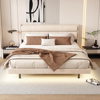 Merax 180*200cm, Polsterbett, Flachbett, schwebendes Bett, ausgestattet mit menschlichem Sensorlicht, warm gepolstert, Beige