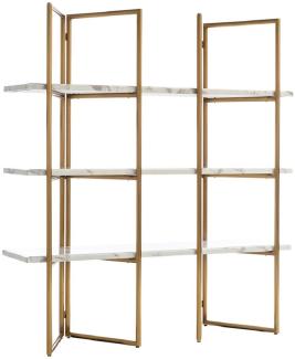 Casa Padrino Luxus Regalschrank Gold / Weiß 165 x 46,5 x H. 185 cm - Edelstahl Schrank mit 3 Kunstmarmor Regalplatten - Wohnzimmerschrank - Bücherschrank - Wohnzimmer Möbel