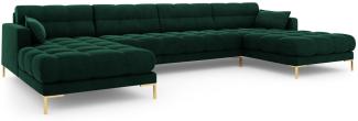 Micadoni 6-Sitzer Samtstoff Panorama Sofa Mamaia | Bezug Bottle Green | Beinfarbe Gold Metal