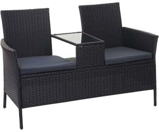 HHG Poly-Rattan Sitzbank mit Tisch 243, Gartenbank Sitzgruppe Gartensofa, 132cm schwarz, Kissen dunkelgrau - HHG