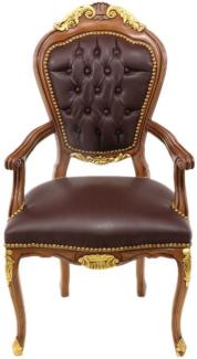 Casa Padrino Barock Luxus Echtleder Esszimmerstuhl mit Armlehne Braun Mahagoni - Antik Stil - Möbel