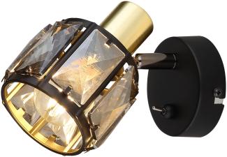 LED Wandstrahler mit Schalter und Glaskristallen Schwarz Gold, Höhe 12,5cm
