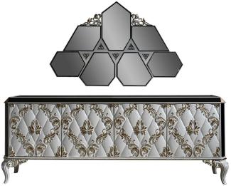 Casa Padrino Luxus Barock Möbel Set Sideboard mit Spiegel Weiß / Gold / Schwarz - Edler Massivholz Schrank mit elegantem Wandspiegel - Möbel im Barockstil
