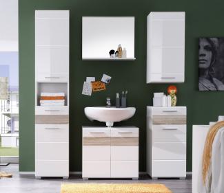 Badezimmer Set Badmöbel Mezzo weiß Hochglanz mit Eiche hell 5-teilig 160 x 182 cm, ohne Waschbecken