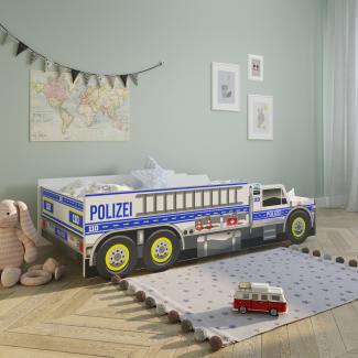 Kids Collective Autobett Kinderbett Jugendbett 80x160, Polizei mit Rausfallschutz Polizeiauto, mit Lattenrost, 160 x 80 cm, mit Matratze, Polizist Spielbett