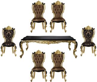 Casa Padrino Luxus Barock Esszimmer Set Braun / Schwarz / Gold - 1 Esstisch & 6 Esszimmerstühle - Prunkvolle Esszimmer Möbel im Barockstil