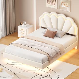 Merax Polsterbett 140 x 200 cm, Gepolsterter Schwebebett Rahmen mit LED-Leuchten, Doppelbett Gästebett Samtstoff Beige