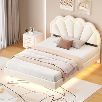 Merax Polsterbett 140 x 200 cm, Gepolsterter Schwebebett Rahmen mit LED-Leuchten, Doppelbett Gästebett Samtstoff Beige