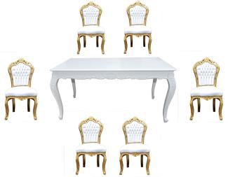 Casa Padrino Barock Esszimmer Set Weiß/Gold - Esstisch + 6 Stühle ohne Armlehnen