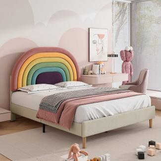 Flieks Polsterbett, Kinderbett mit verstellbarem Regenbogen-Kopfteil 140x200cm Samt