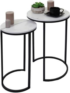 2er-Set Beistelltisch HWC-K46, Kaffeetisch Nachttisch Loungetisch, Marmor-Optik MVG-zertifiziert MDF ~ weiß-schwarz