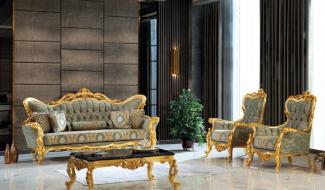 Casa Padrino Luxus Barock Wohnzimmer Set Grün / Schwarz / Gold - 2 Sofas & 2 Sessel & 1 Couchtisch - Handgefertigte Wohnzimmer Möbel im Barockstil - Edel & Prunkvoll