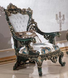 Casa Padrino Luxus Barock Sessel Weiß / Mehrfarbig / Grün / Gold - Prunkvoller Wohnzimmer Sessel mit elegantem Muster - Barock Wohnzimmer & Hotel Möbel - Edel & Prunkvoll