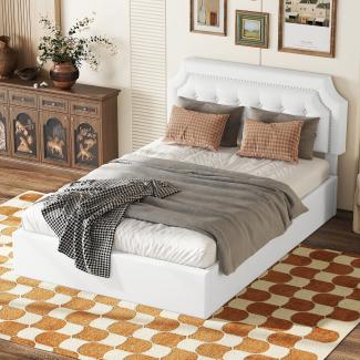 Merax 140*200cm Flachbett, Polsterbett, hydraulisches Zwei-Wege-Bett, minimalistisches Design, stilvolle Polsterung, weiß