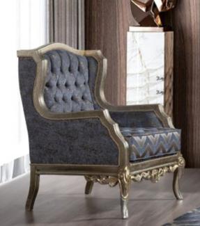 Casa Padrino Luxus Barock Ohrensessel Blau / Silber / Gold - Handgefertigter Wohnzimmer Sessel im Barockstil - Barock Wohnzimmer Möbel
