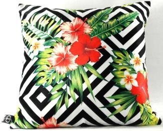 Casa Padrino Luxus Deko Kissen Miami Flowers & Leaves Schwarz / Weiß / Mehrfarbig 45 x 45 cm - Feinster Samtstoff - Luxus Qualität