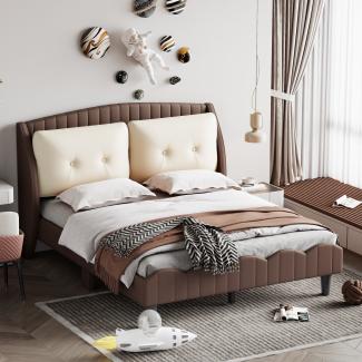 Merax Polsterbett 140 x 200 cm, Rückenlehne und zwei großen Kissen, Doppelbett aus PU-Leder, geeignet für Erwachsene Braun