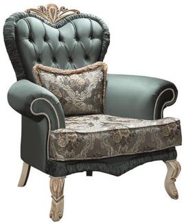 Casa Padrino Luxus Barock Wohnzimmer Sessel mit Glitzersteinen und dekorativem Kissen Grün / Creme / Beige 100 x 80 x H. 110 cm - Möbel im Barockstil