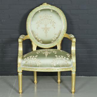 Casa Padrino Barock Salon Stuhl "Medaillon" Mod2 mit Armlehnen Hellgrün / Gold - Antikstil Stuhl
