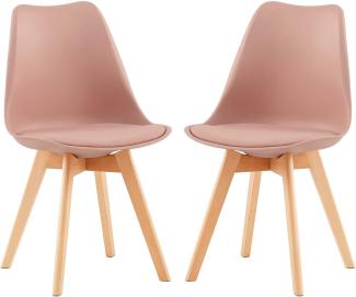 2er Set Esszimmerstühle mit Massivholz Buche Bein Skandinavisch Design Gepolsterter aus Leder Küchenstuhl Essstühle, Rauchrosa