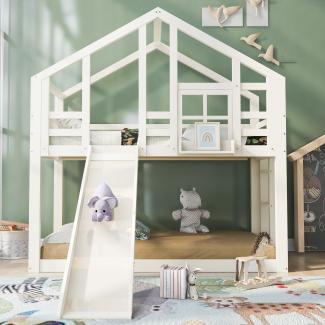 Merax Kinderbett Hausbett mit Rutsche & Leiter 90 x 200 cm, Hochbett für Kinder– kinderbett mit rausfallschutz2 Schlafplätze-2x Lattenrost- Weiß
