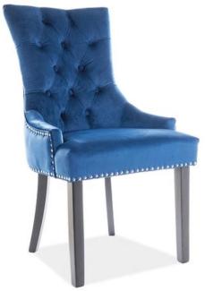 Casa Padrino Luxus Chesterfield Esszimmerstuhl Blau / Silber / Schwarz 55 x 45 x H. 99 cm - Küchenstuhl mit Samtstoff - Esszimmer Möbel