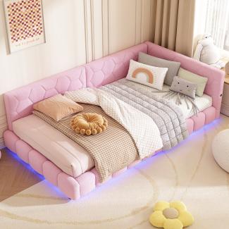 Merax Polsterbett, LED Einzelbett Daybett Tagesbett Samt 90x200cm mit USB-Anschluss Rosa