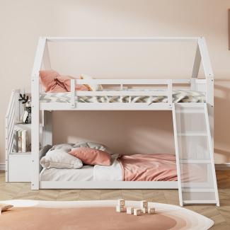 Merax 140x200cm Etagenbett mit Stauraumtreppe und Rutsche, Hausbett, Kinderbett mit Geländer, geeignet für Kinder, Jugendliche, Weiß (Ohne Matratze)