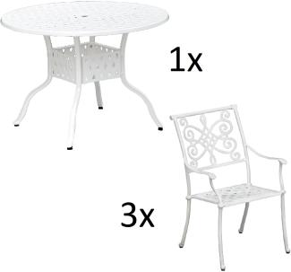 Inko 4-teilige Sitzgruppe Aluminium Guss weiß Tisch Ø 106 cm mit 3 Sesseln Tisch Ø106 cm mit 3x Sessel Nexus