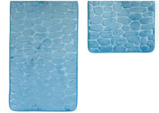 Almina Premium 2 teiliges Bademattenset aus Polyester Rutschfest Waschbar mit Steinmotiv Blau