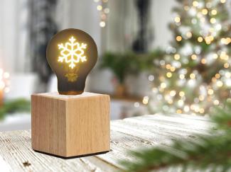 Tischlampe Würfel Holz Eiche 9x9cm mit Deko LED Glühbirne Schneeflocke