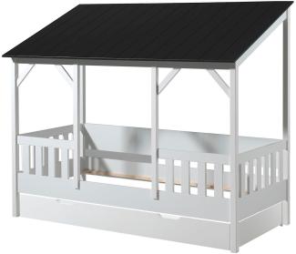 Hausbett Avery Vipack inkl. Dachüberbau + Bettschublade hochwertiges MDF Holz + Massivholz 90*200 cm Dach schwarz