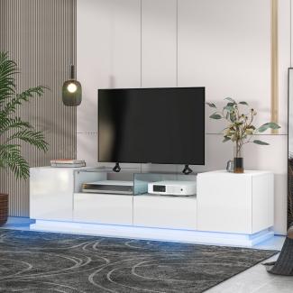 Merax Hochglänzender TV-Schrank mit Glasböden, zwei Schubladen und zwei Türen, Lowboard mit mehrfarbigen LED-Lichteffekten, Weiß