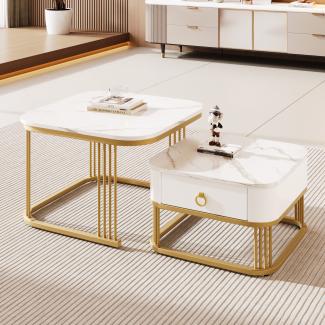Merax Couchtisch Set Marmoroptik mit Schublade, Beistelltisch hochglanz, Satztisch,Wohnzimmertisch, Gold | Weiß