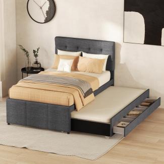 Merax Polsterbett, Doppelbett, Familienbett, mit drei Schubladen, ausziehbares Bett, Verstellbares Kopfteil, Grau, 90x200cm