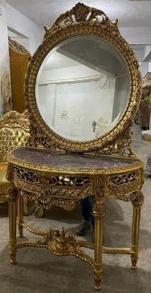 Casa Padrino Barock Spiegelkonsole mit Marmorplatte Gold / Grau - Prunkvolle Barock Konsole mit Spiegel - Handgefertigte Barock Möbel