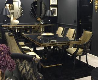 Casa Padrino Luxus Barock Esszimmer Set Gold / Schwarz - 1 Esstisch & 6 Esszimmerstühle - Edle Esszimmer Möbel im Barockstil - Luxus Qualität