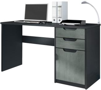 Vladon Schreibtisch Logan, Bürotisch mit 2 Schubladen und 1 Tür, Schwarz matt/Beton Dunkel Optik (129 x 76 x 60 cm)