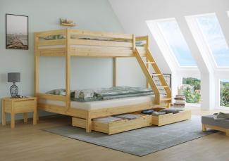 Doppel-Etagenbett 140x200 und 90x200 Erwachsenen-Stockbett Kiefer Massivholz natur V-60.18-09-14Rollrost und Doppelbettkasten inkl.