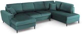 Micadoni 7-Sitzer Samtstoff Panorama Sofa Rechts mit Box und Schlaffunktion Moghan | Bezug Petrol | Beinfarbe Black Chro.