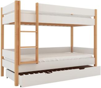 Polini-Kids 'Lollipop' Etagenbett mit Zusatzbett-Bettkasten, massives Buchenholz weiß, 90 x 200 cm