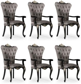Casa Padrino Luxus Barock Esszimmer Stuhl 6er Set mit Armlehnen Silber / Schwarz / Silber - Prunkvolle Barockstil Küchen Stühle - Luxus Barock Esszimmer Möbel - Edel & Prunkvoll