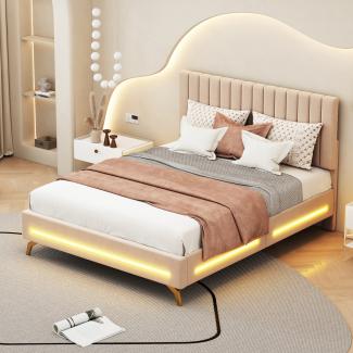 Merax Polsterbett 140 x 200 cm, mit LED-Leuchten, Samtstoff, Doppelbett mit verstellbarem Kopfteil, Beige (Ohne Matratze)