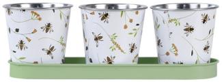 Rivanto® 3er Blumentopf Set Bienenmuster auf Tray, kleine Pflanztöpfe, Untersetzer Breite 32 cm, Topf Ø ca. 10 cm