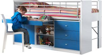 Hochbett Jax inklusive Schreibtisch + Schrank + Regal + Kommode + Lattenrostplatte weiß - blau EN 747-1+2
