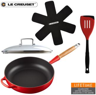 Le Creuset Sautépfanne 28 cm kirschrot mit Glasdeckel Wender Pfannenschutz - 25 bis 28 cm - Rot