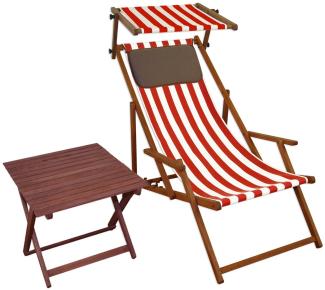 Liegestuhl rot-weiß Gartenstuhl Tisch Sonnendach Kissen Deckchair Buche Strandstuhl 10-314 S T KD