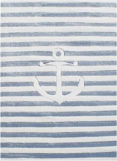 Kinderteppich- Auf Hoher See in Blau Weiß gestreift mit Anker 120 x 180 cm