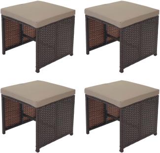 4er-Set Poly-Rattan Hocker Kreta, Gartenhocker Sitzhocker ~ braun, Kissen beige